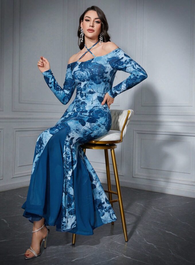 Robe à Bretelles Croisées Halter Sans Épaules à Imprimé Floral pour Femme